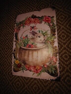 Cute Rustic Looking Bunny Wall Art On Flat Metal Square